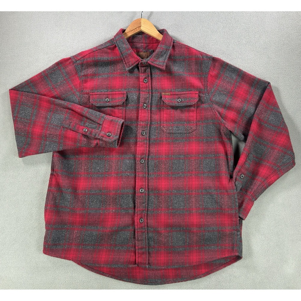 Orvis Shirt Shacket Mens XL Red‎ Grey Plaid Flannel Flap Pocket Chore Camp Cabin